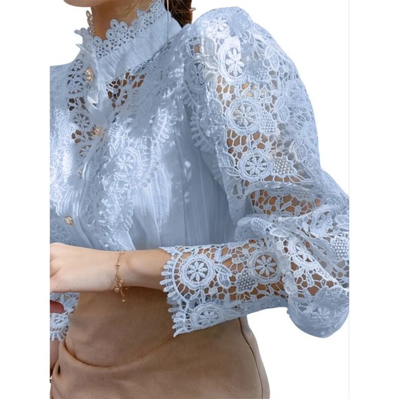 Blouse Lace Puff Sleeve Lantern Sleeve Solid Pleated  Sky Blue / XXL(14) - Picture 5 of 5